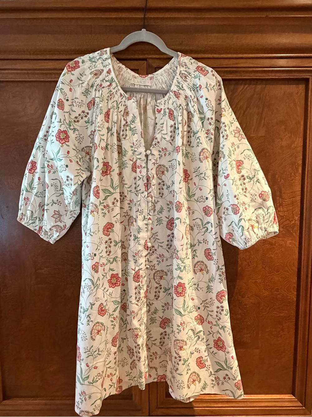 Floral Button-Front Dress - Cream with Pink & Green Floral Print w/pockets